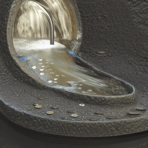 Prompt: a stream of water entering a machine made from kidney shaped amphoras and producing a coin in the style of an instructions manual, 8k , octane