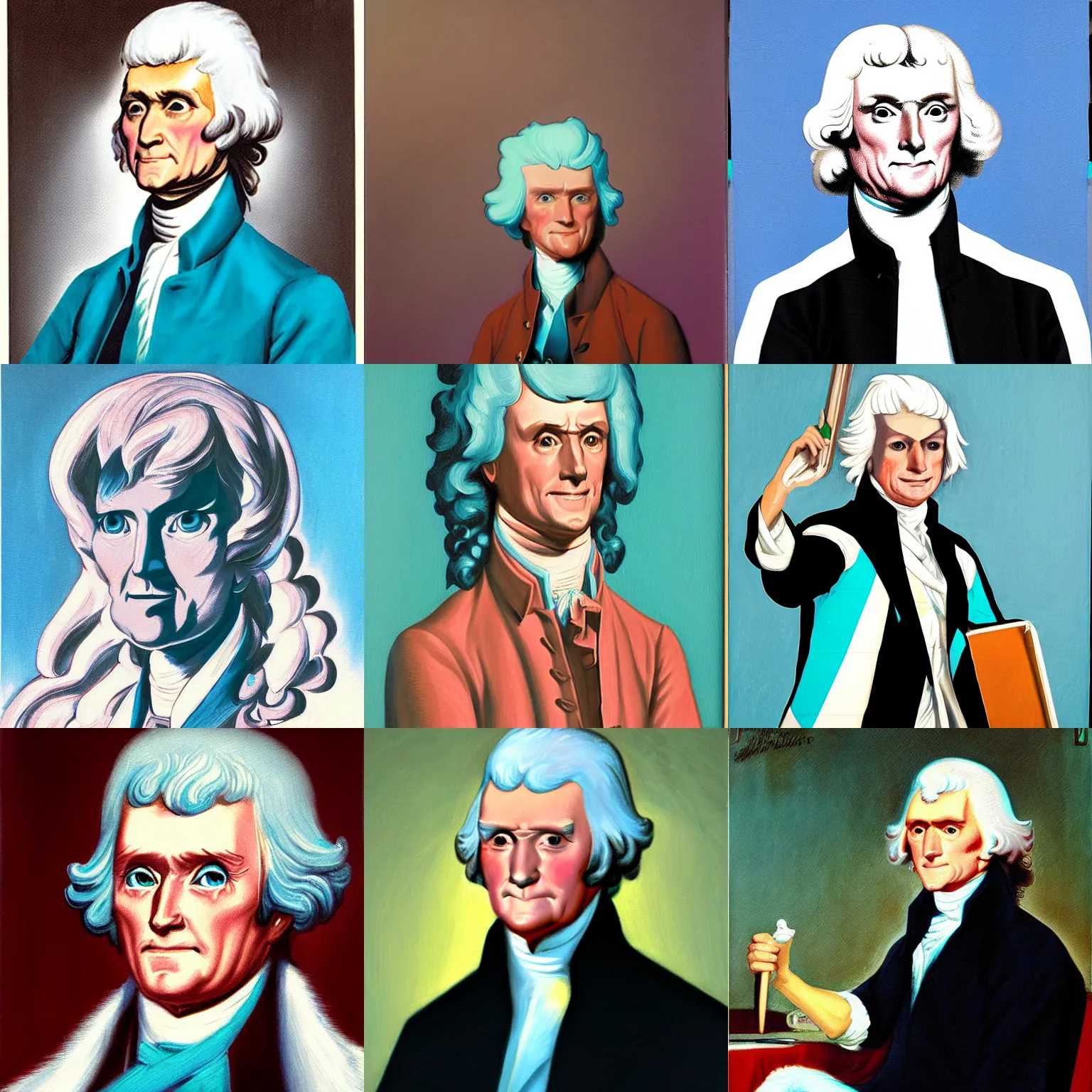 Prompt: Trans Thomas Jefferson in a Hatsune Miku binder, 1970 oil painting,