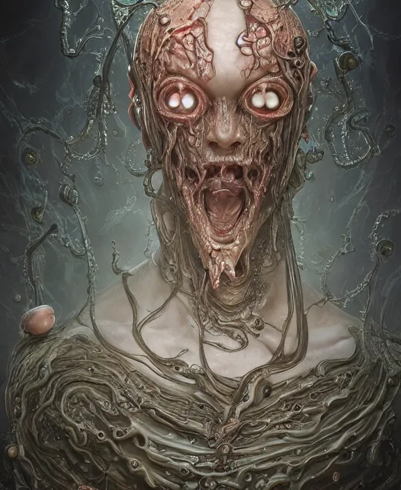 Image similar to portrait of a bloodied intricate ornate filigreed slime dripping genderless insect alien monster, muscles, rippling, space warping and twisting, ultra realistic, concept art, intricate details, eerie, highly detailed, photorealistic, octane render, 8 k, unreal engine. art by artgerm and greg rutkowski and alphonse mucha