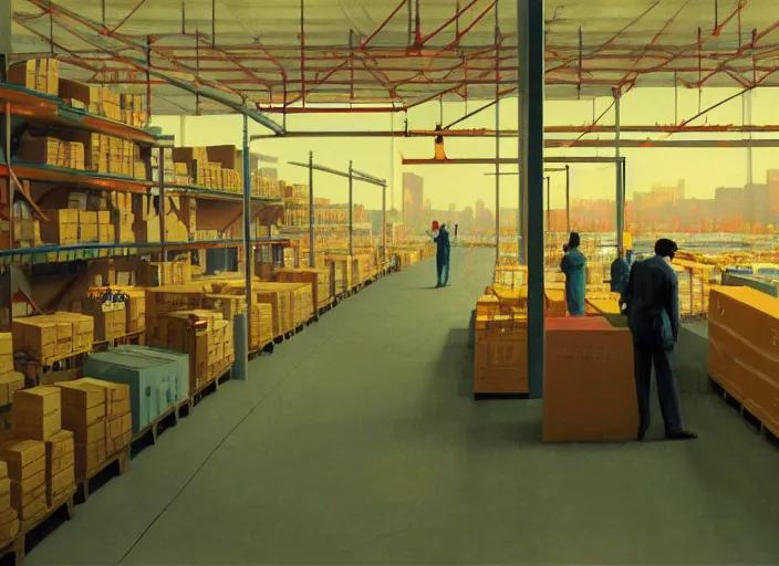 Image similar to inside a giant warehouse Amazon fulfillment center, people stacked on shelves in plastic bags Edward Hopper and James Gilleard, Zdzislaw Beksinski, highly detailed