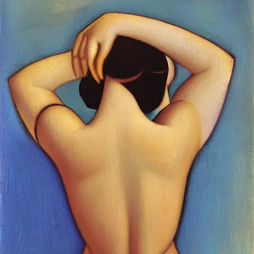 Prompt: Lower back of a beautiful woman, painted by Tamara de Lempicka