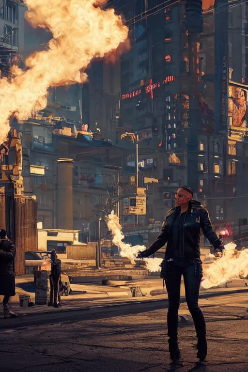 Image similar to in the foreground a street of Saint Petersburg, in the background a blond woman spitting flames with her hands wearing a long jacket like a matrix, realistic, high definition, many details, dramatic scene, detailed and realistic hands, symmetrical face, eyes realistic, art of cyberpunk 2077