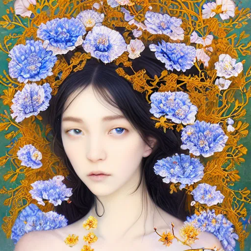 Image similar to breathtaking detailed concept art painting of the goddess of nemophila flowers, orthodox saint, with anxious, piercing eyes, ornate background, amalgamation of leaves and flowers, by Hsiao-Ron Cheng, James jean, Miho Hirano, Hayao Miyazaki, extremely moody lighting, 8K