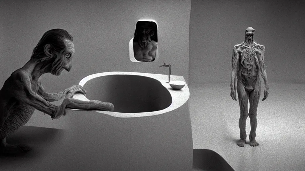 Prompt: the strange creature in the sink, they look at me, film still from the movie directed by wes anderson and david cronenberg with art direction by salvador dali and zdzisław beksinski, wide lens