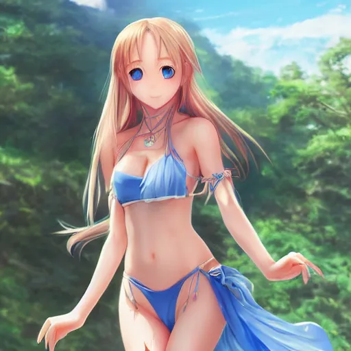 Image similar to a very beautiful young yuuki asuna, full body, long wavy blond hair, sky blue eyes, full round face,, bikini, miniskirt, front shot, highly detailed, cinematic wallpaper by stanley artgerm lau