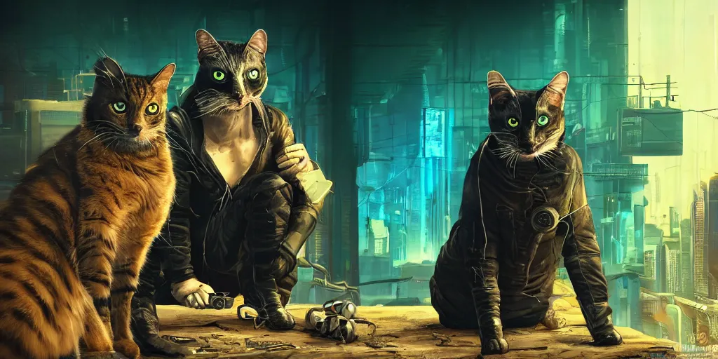 Image similar to cyberpunk cat and normal cat, brothers, fallout 5, studio lighting, deep colors, apocalyptic setting