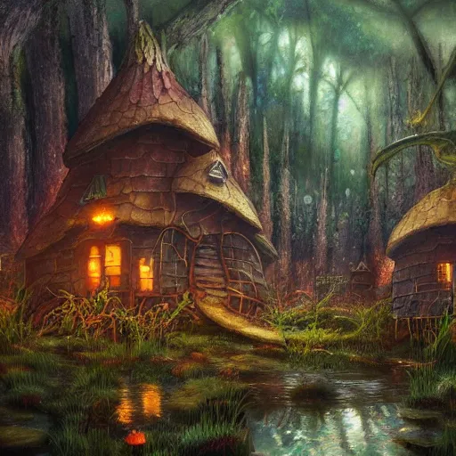 Prompt: mushroom house in a swamp, mystical, digital art, extremely detailed, oil painting, epic atmosphere, sense of scale, disney animation