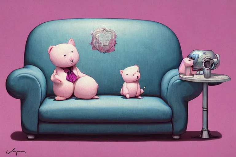 Prompt: a highly detailed pink chubby stuffed animal with dark blue shirt, on a couch, full body, wide angle, an ultrafine detailed painting by joe fenton, trending on deviantart, pop surrealism, whimsical, lowbrow, perfect symmetrical face, sharp focus, octane, masterpiece