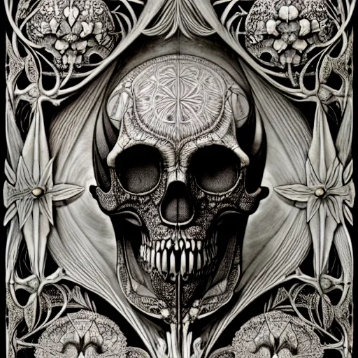 Image similar to art forms of nature by ernst haeckel, memento mori by arthur rackham, ornate antique porcelain beautiful skull mask, ultrasharp, photorealistic, hyperdetailed, octane render, polished, art nouveau, neo - gothic, gothic, intricate ornamental organic filigree, art nouveau botanicals, art forms of nature by ernst haeckel, horizontal symmetry, symbolist, visionary