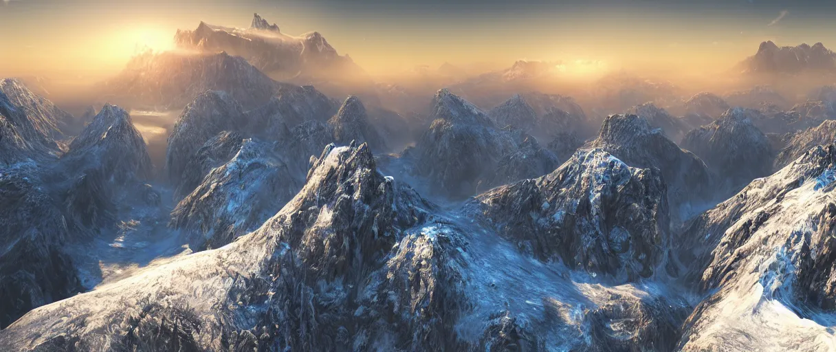 Prompt: a photorealistic breathtaking aerial view of the eastern snow covered alps mountain range at sunrise, cliffs, volumetric light, haze, fog, snow, hyperrealism, rock edge, highly detailed, intricate, cinematic, front facing camera, cinematic, epic lighting, 8 k by frederic church, albert bierstadt