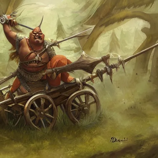 Prompt: painting of fat orc riding in a slapdash wooden cart holding a lance, fantasy art, magic : the gathering art, by diterlizzi