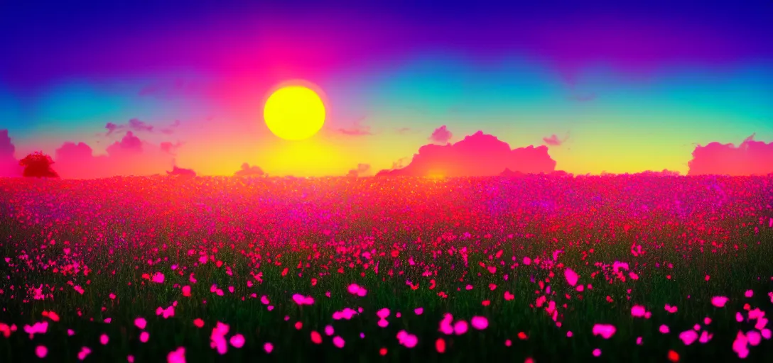 Image similar to an impossible field of beautiful neon colored flowers with a beautiful sunset, vaporwave