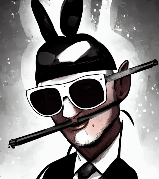 Prompt: rabbit as a hitman, with sunglasses on, dynamic lighting, fantasy concept art, trending on art station, stunning visuals, creative, cinematic, ultra detailed, comic strip style, portrait