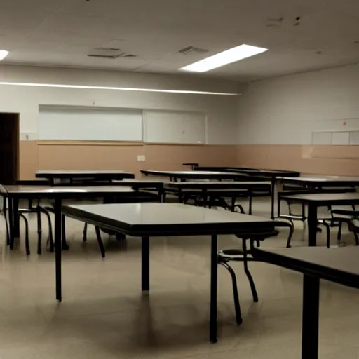 Prompt: Empty school cafeteria, grainy photograph, liminal space