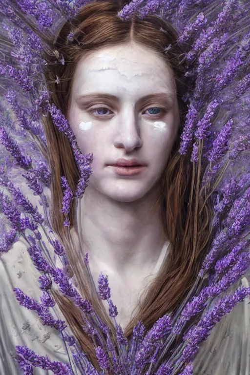 Prompt: hyperrealism close - up mythological portrait of a medieval woman's shattered face partially made of lavender flowers in style of classicism, pale skin, wearing silver dress, dark and dull palette