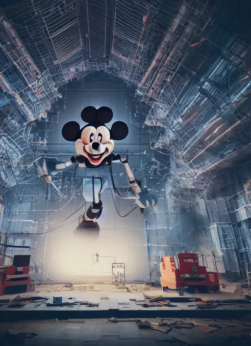 Image similar to engineers building giant head of robotic mickey mouse, inside of abandoned netflix office, by beeple, dystopia, golden ratio, octane render, redshift, trending on artstation, 8 k