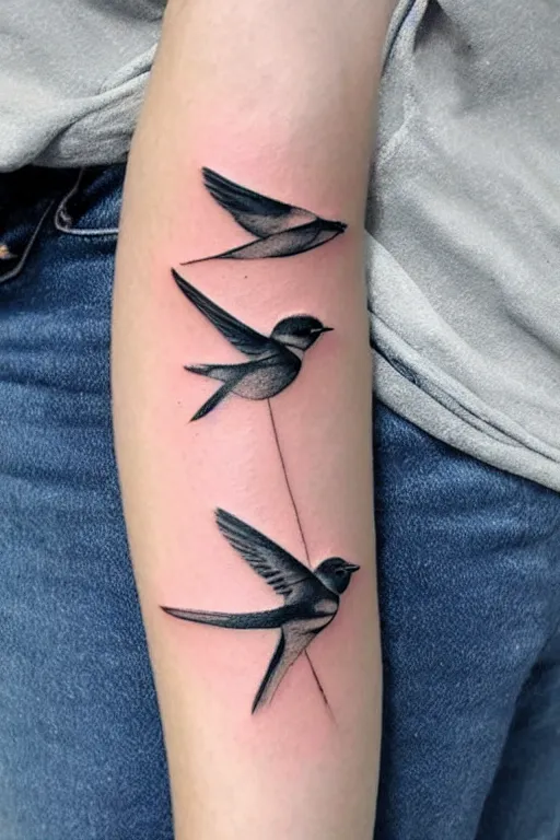 Prompt: a beautiful swallow tattoo design of minimalist swallows flying into spherical lines and simple basic shapes, black ink, abstract logo, line art