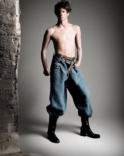Image similar to an award - winning photo of an ancient male model wearing a plain boot cut flared distressed medieval designer menswear trousers designed by alexander mcqueen, 4 k, studio lighting, wide angle lens, 2 0 0 4