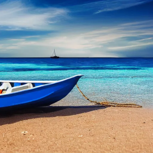 Image similar to Very detailed boat stranded on a beach with white sand, palms in the background, 4k