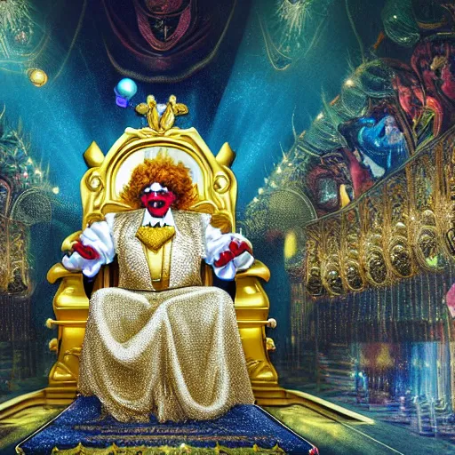 Image similar to shining majestic throne made of millions of diamonds, gold and zaphires with thousands of light reflections, and a stupid clown is sitting on the throne while handind a globe, 4 k