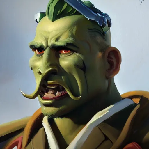 Image similar to greg manchess close - up portrait painting of a handsome older male dieselpunk orc with olive green skin as an overwatch character, medium shot, asymmetrical, profile picture, organic painting, sunny day, matte painting, bold shapes, hard edges, street art, trending on artstation, by huang guangjian and gil elvgren and sachin teng