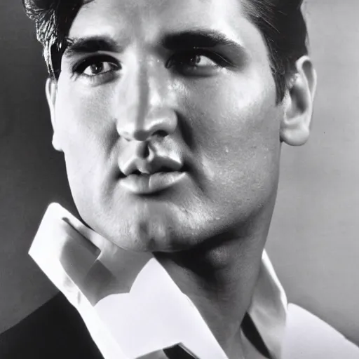 Image similar to a man who is a genetic combination of elvis presley and andy warhol, face and upper - body focus, detailed eyes, photograph taken in 1 9 5 5, award winning photograph