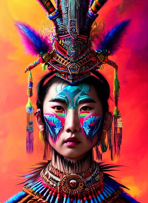 Image similar to portrait of liu yifei, hyper detailed ultra sharp aztec shaman warrior. trending on artstation, warpaint aesthetic, bloodwave, colorful, psychedelic, ornate, intricate, digital painting, concept art, smooth, sharp focus, illustration, art by artgerm and greg rutkowski and h. r. giger, 8 k