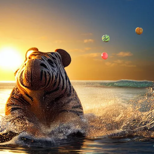 Prompt: a closeup photorealistic photograph of a cute smiling knitted tiger hippopotamus splashing towards a beachball at sunset. surf in background. professional capture. brightly lit scene. this 4 k hd image is trending on artstation, featured on behance, well - rendered, extra crisp, features intricate detail, epic composition and the style of unreal engine.