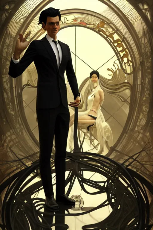 Image similar to ultra realistic, thin man in expensive stylish modern suit, black hair, occult jewelry, fantasy, intricate details, eerie, highly detailed, octane render, 8 k, art by artgerm and alphonse mucha and greg rutkowski