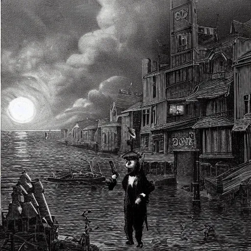 Prompt: Innsmouth, Shadow over Innsmouth, fish in a tuxedo, H.P. Lovecraft, dark clouds, dark, eerie, dystopian, city, eldritch, illustration by Gustave Doré