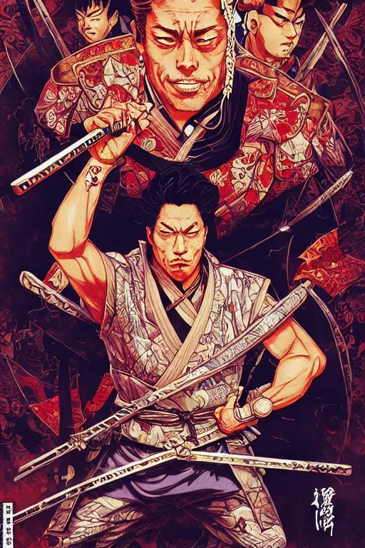 Prompt: poster of jordan belfort as a samurai, by yoichi hatakenaka, masamune shirow, josan gonzales and dan mumford, ayami kojima, takato yamamoto, barclay shaw, karol bak, yukito kishiro