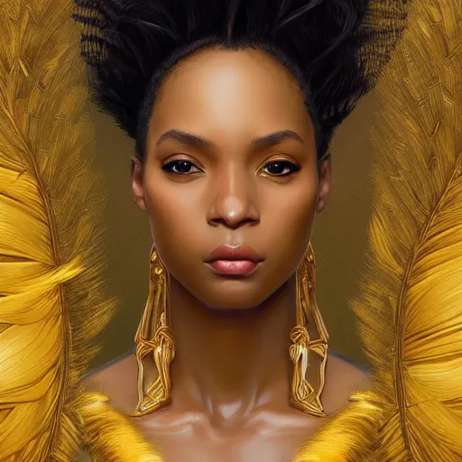 Prompt: a portrait of an attractive young Black female, beautiful long hear, clothed in golden feathers, intricate, elegant, highly detailed, digital painting, trending on artstation, concept art, smooth, sharp focus, illustration, art by artgerm and greg rutkowski and alphonse mucha
