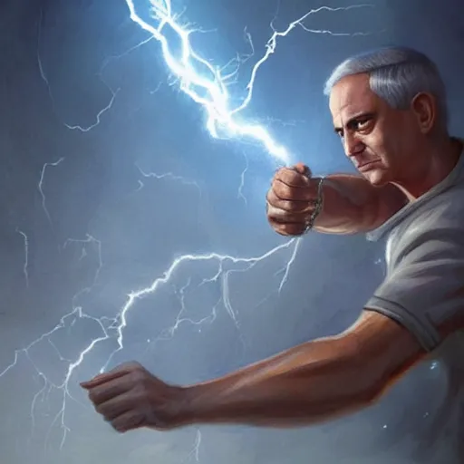 Image similar to benjamin netanyahu as a greek god shooting lightning bolts with his hands, highly detailed, by artgerm and greg rutkowski