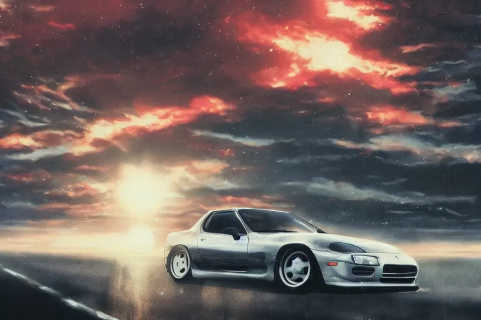 Image similar to aesthetic detailed illustration of ryosuke takahashi with black hair, standing by his white glossy mazda rx 7 on an empty highway at sunrise, cinematic lighting, initial d anime 1 0 8 0 p, detailed anime face, high detail, 9 0 s anime aesthetic, volumetric lights, rule of thirds, unreal engine 5 render, pinterest wallpaper, trending on artstation