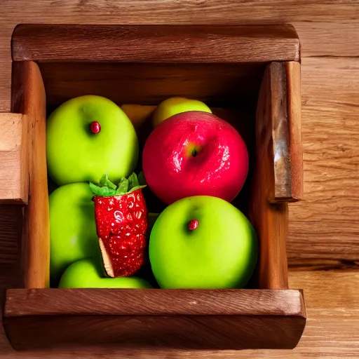 Prompt: a photorealistic image of fruit shaped like a sausage in a wooden treasure chest, ahoy matey pirate, wide angle