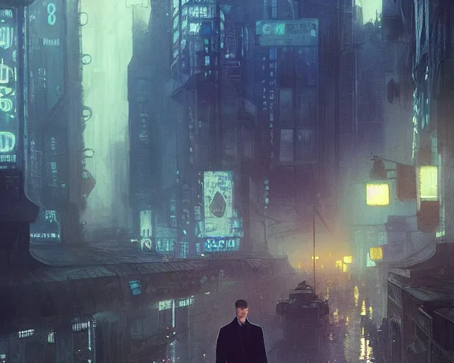 Image similar to 2 0 1 8 blade runner movie still man look at the cityscape from roof perfect face fine realistic face pretty face neon puffy jacket blue futuristic sci - fi elegant by denis villeneuve tom anders zorn hans dragan bibin thoma greg rutkowski ismail inceoglu illustrated sand storm alphonse mucha