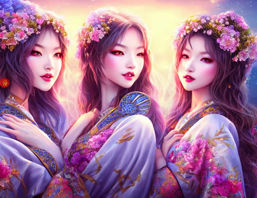 Image similar to two beautiful alluring siberian girls wear fantasy kimono in festival | | sunny night, full moon, dreamlike art, realistic shaded, smile, good looking, hyper details, 4 k realistic, cryengine, realistic shaded lighting poster by artgerm, ross tran, fuji choko, 8 k resolution, trending on artstation, luxury