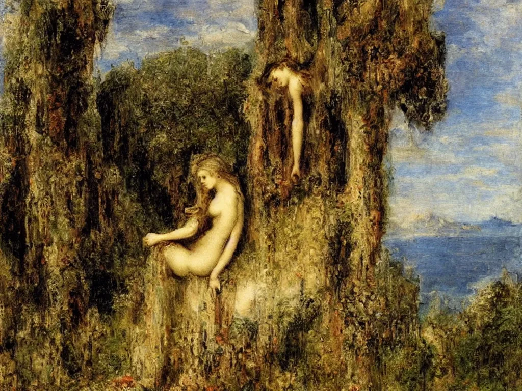 Image similar to figure with scenery. painting by gustave moreau