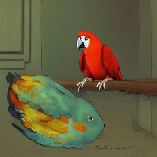 Image similar to the day the parrot died, digital art, illustration, storybook, artstation