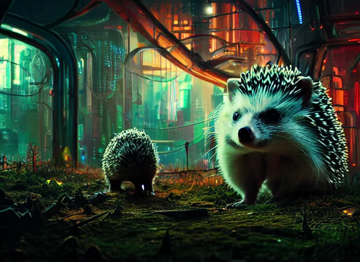 Image similar to portrait of a billy butcher hedgehog, on the background of a weird magical mechanical forest. Very detailed 8k. Fantasy cyberpunk horror. Sharp. Cinematic post-processing. Unreal engine. Nanite. Ray tracing. Parallax. Tessellation