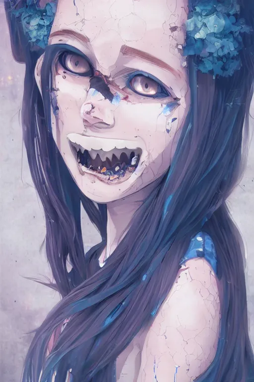 Image similar to urban school zombie girl in tattered clothes drooling fanart, dark blue long hair, muted colors, matte print, pastel colors, ornate, digital art, cute smile, digital painting, fan art, elegant, pixiv, by Ilya Kuvshinov, by Studio Ghibli