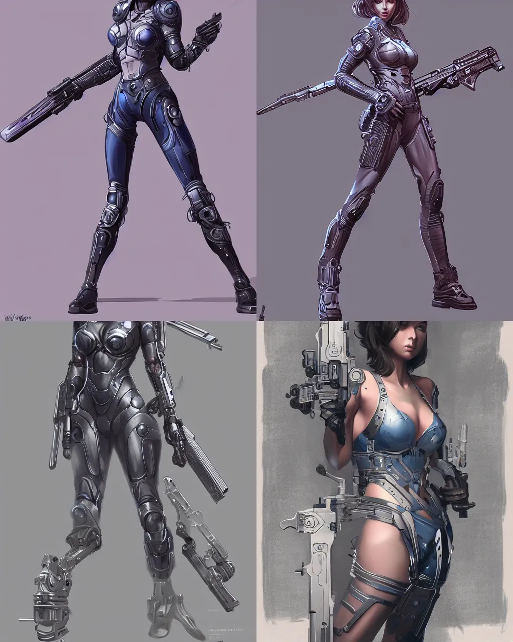 Prompt: Blueprint of a weaponized android woman with blades and firearms, intricately detailed blueprint character illustration stylized concept art by WLOP and artgerm, artstation