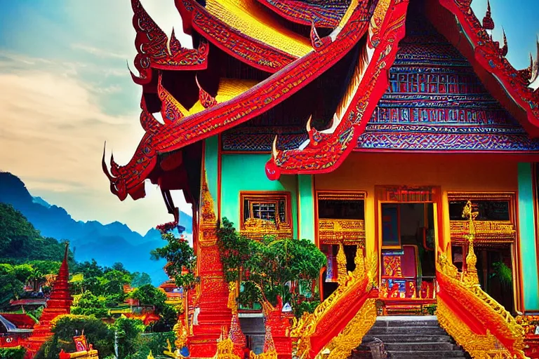 Image similar to summer morning, thai temple, rolling mountain, very coherent and colorful high contrast, art, dark shadows, hard lighting