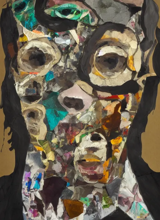 Image similar to a man with a moth mask, cardboard and scotch tape, chain, collage, acrylic on canvas, expressionism movement, breathtaking detailed, by blake neubert