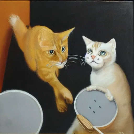 Image similar to Dos gatos chugant al ping pong sobre un fondo carbaza, oil painting