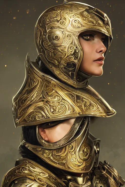 Prompt: a portrait of an attractive young female, ornate metallic helmet, clothed in battle armor, olive skin, long dark hair, beautiful bone structure, symmetrical facial features, intricate, elegant, highly detailed, digital painting, trending on Artstation, concept art, smooth, sharp focus, illustration, in the style of greg rutkowski