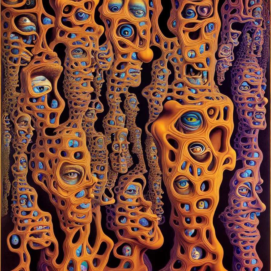 Image similar to infinite fractals of faces forming a single human face, recursion, surreal, by salvador dali and mc escher and alex grey, oil on canvas, weird, dreams, consciousness, strange loops, fantasy, intricate details, warm colors