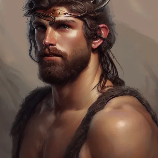 Image similar to portrait of a young rugged male barbarian, handsome, upper body, D&D, muscular, fantasy, intricate, elegant, highly detailed, digital painting, artstation, concept art, smooth, sharp focus, illustration, art by artgerm and greg rutkowski and alphonse mucha