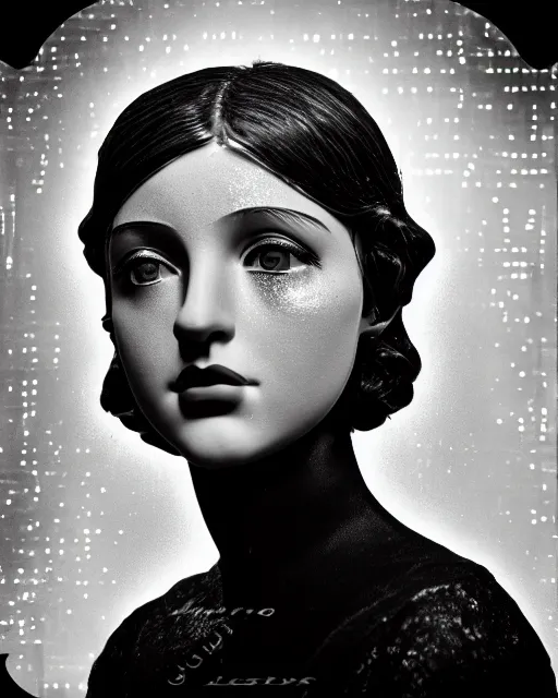 Image similar to tintype black and white dreamy young beautiful female artificial intelligence, metropolis, cinematic, rim light, bokeh, photo - realistic, elegant, high detail, 8 k, masterpiece, photo taken in 1 9 3 0