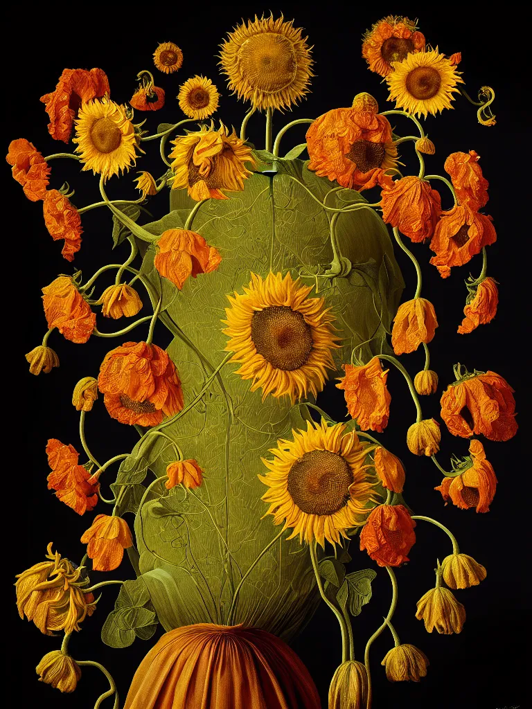 Prompt: dutch golden age bizarre sunflower portrait made from flower floral still life with very detailed nasturtium vines disturbing fractal forms sprouting up everywhere by rachel ruysch black background chiaroscuro dramatic lighting perfect composition high definition 8 k oil painting with black background by christian rex van dali todd schorr of a chiaroscuro portrait recursive masterpiece obscuring features lighting perfect composition